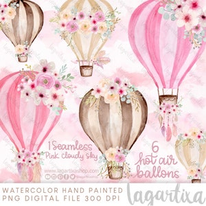 May include: Six watercolor hot air balloons with floral accents on a pink cloudy sky background. The balloons are a mix of pink and brown with white stripes. The text "1 Seamless Pink Cloudy Sky" and "6 Hot Air Balloons" is included in the image.