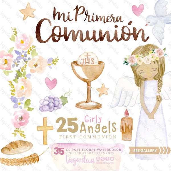 Clipart en Acuarela, Niñas, Angelitas, Cruces, Primera Comunión, Confirmación, rosa, Velas, para diseñar Imprimible, Etiquetas, Palomitas,