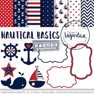 Digitales Papier Marine Hintergrund rot blau Marine Girl Party Chevron ZigZaz Dots Clip Art Boot Wal Timon Anker Nautico Sterne Meer