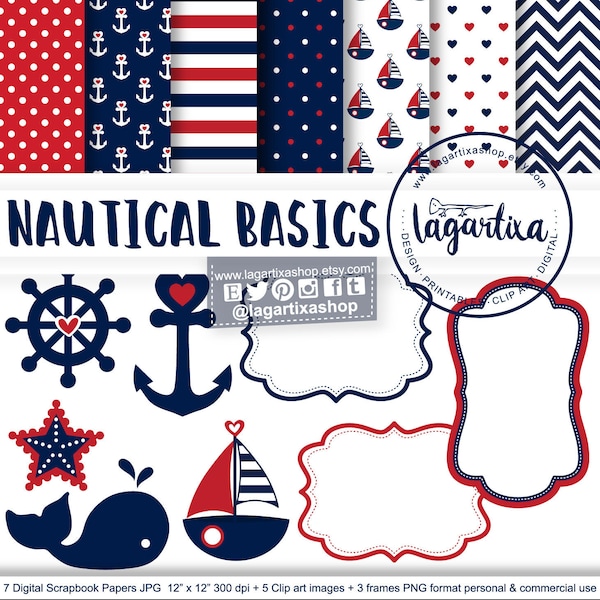 Digital Paper Naval Achtergrond Red Blue Marine Girl Party Chevron ZigZaz Dots Clip Art Boat Whale Timon Ankers Nautico Stars Sea