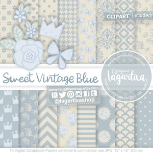 Sfondi di carta digitale Baby Blue Vintage Antique Old Blue Beige Baby Shower cuori chevron sfondi shabby blog o inviti di scrapbooking