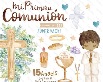 Watercolor Cross Boy First Holy Communion, Brunette, Blonde, Clip art, Praying, Leaves, Baptism, Christening, Event Decoration, Invites