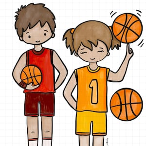 Koszykówka Clipart dzieci Png rysunek koszyk z piłkami chłopiec i dziewczynka rysunki sportowe postacie na etykiety karty reklamy cyfrowy projekt