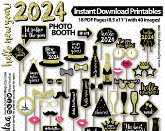 Photo Booth 2024 Props Printables Gold Glitter Black New Year's Eve Party events, mustaches, hats, kisses, glasses, ties, crown, funny signs