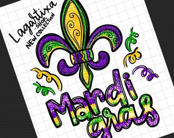 Mardi Gras Design | Sublimation Digital Art for Carnival | PNG hand drawn art | fleur de Lis | glitter | digital download | fat tuesday