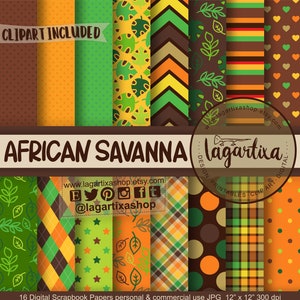 Op de afbeelding: 16 digitale scrapbook-papieren met Afrikaanse savannethema's. De papieren bevatten verschillende patronen, waaronder stippen, strepen, ruitjes en bladeren. De papieren zijn 30,5 cm bij 30,5 cm en 300 dpi.