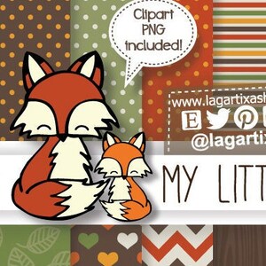 Fox Mom Baby Patterns and Clipart little fox, Autumn Animals brown orange, olive green, chevron, yellow, autumn colors, leaves, scrapbooking