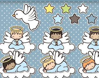 May include: A set of 7 digital papers and 16 baptism clip art images featuring angels, clouds, stars, and the text "mi bautizo". The papers are in a blue and brown color scheme with polka dots, stripes, and stars.
