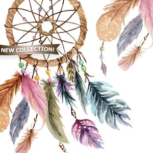 Akwarela łapacz snów z kolorowymi piórami, PNG clipart, ręcznie malowany, styl boho chic na zaproszenia, karty, blog