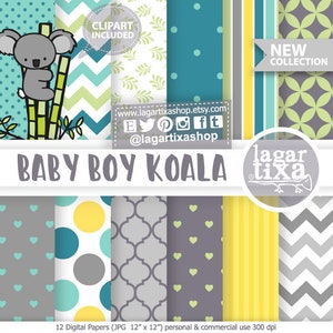 Arrière-plans et clipart de KOALA Enfant, pour anniversaire enfant, baby shower pour concevoir chevron imprimable, cœur, turquoise, jaune, gris, feuilles