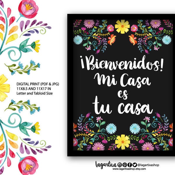 Welcome Mi casa es tu casa Mexican Watercolor Floral PRINT Wall Art, mexican party, flowers, folk, hand painted, cinco de mayo, colorful