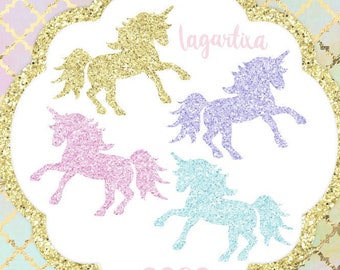 Unicorns Glitter and Watercolor floral Clip art Whimsical, rainbow, hand painted, mint, purple, pink, blue, gold, girly party, Gold Glitter