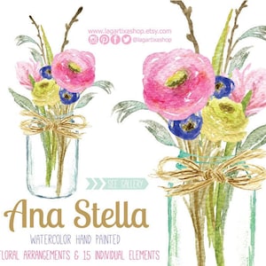 Floral Glass Jar, Watercolor clipart,  Floral PNG, wedding bouquet, arrangement, digital art, Roses, pink flowers, bridal shower, for blog