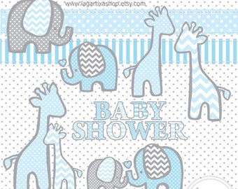 Baby Blue Elephant Baby Shower Patterns Digital Paper background textures giraffe chevron polka dots frames grey invitations printables