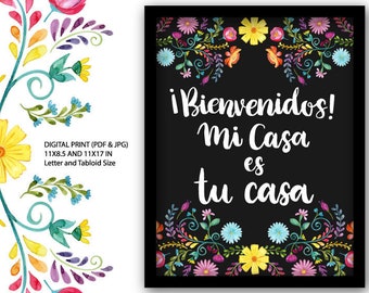Welcome Mi casa es tu casa Mexican Watercolor Floral PRINT Wall Art, mexican party, flowers, folk, hand painted, cinco de mayo, colorful
