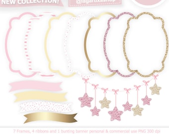 Twinkle Little Star, Bunting Banner, Pale Glitter Pink, girly Baby Shower, star clipart, Frames, ribbon banner first birthday, Event decor