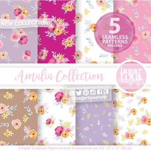 Roses Peonies Seamless Watercolor Floral Patterns, Digital paper, Orange blossoms, Hand Painted Lagartixa Shop Art Hot and Pale Pink clipart image 1