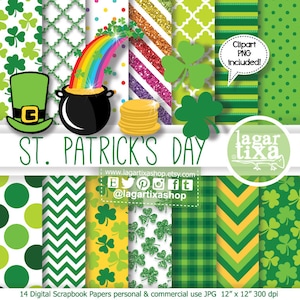 Puede incluir: 14 papeles digitales para scrapbooking con temas del Día de San Patricio. Los papeles presentan colores verde, amarillo y blanco con varios patrones que incluyen lunares, rayas y tréboles. Los papeles miden 12 pulgadas por 12 pulgadas y 300 dpi.