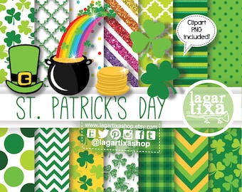Printable Scrapbook Paper Good Luck Clipart Irish Fairy Tales Digital Papers Orange Green Backgrounds Pattern White Green