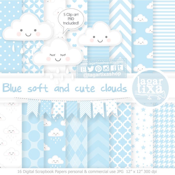 Baby blue Pastel Cute clouds, raining, sleeping, kawaii, Digital Paper, Patterns, stripes, chevron, dots, stars, to design cards, invites