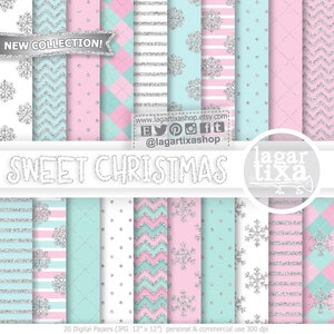 Fondos Navidad Rosa Palo Menta y Glitter Plata Papel Digital Para Invitaciones Imprimibles tarjetas etiquetas album de fotos, agendas