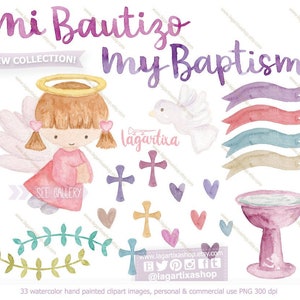 Aquarell-Clipart, Taufe, rosa, violett, gold, Erstkommunion, zum Ausdrucken, Etiketten, Punkte, Popcorn, Herzen