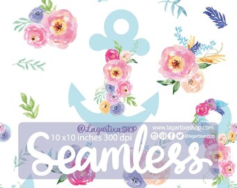 Seamless Pattern Floral Anchor Watercolor Nautical Design for sublimation Fabric hand painted Flowers Digital Files Instant  Lagartixa Shop