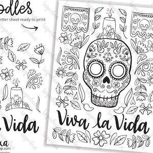 Skull Doodles Skeleton, Hand Drawn Designs Muertos Altares, Coloring for adults, therapy  Flowers, Clipart, Coloring Pages, relax meditation