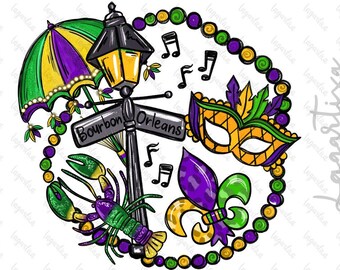 May include: A colorful illustration of Mardi Gras symbols, including a purple, green, and gold umbrella, a street lamp with a sign that reads "Bourbon Orleans", a purple, green, and gold fleur-de-lis, a yellow and orange mask, and a green and purple crawfish. The symbols are surrounded by a string of purple, green, and gold beads.