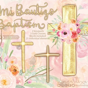 Goldkreuze Gold und Blumen Aquarell Rosen, blasse Pfirsichrose, Clipart PNG, transparenter Hintergrund für Einladungen, Karten, Logos, Planer