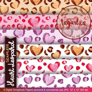 Puede incluir: Seis papeles digitales para scrapbooking con un patrón sin costuras de corazones de acuarela sobre un fondo de estampado de leopardo. Los papeles están disponibles en rosa, morado, marrón y blanco.