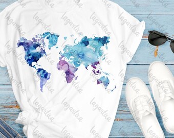 World map watercolor print, letter and tabloid size, PNG clip art, home decor, Art, Wall art, for wedding invites design,