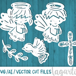 Engel SVG Vektor Schneidedatei Junge und Mädchen beten für die Taufe Taube Heiliger Geist Kreuz mit Blumen, zum Laserschneiden von Cake Topper