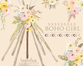 Teepee, Tipi and floral Watercolor clipart, PNG, wedding, bouquet, arrangement, digital art, pink flowers, bridal shower, for blog banner