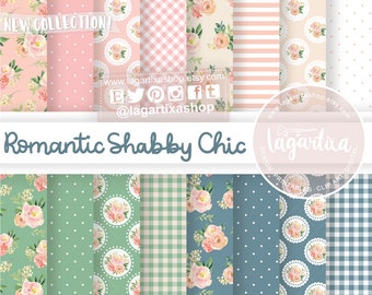 Sfondi Shabby Chic Fiori di carta digitale Acquerello Verde Blu Rosa Salmone Beige Vintage Vecchi blog o agende di scrapbooking inviti