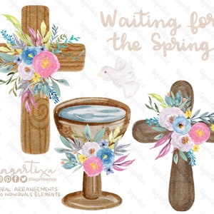 Cruces Católicas Bautizo Primera Comunión Flores en Acuarela, Clipart PNG, pintadas a mano, arreglo de flores,  invitaciones, tarjetas, blog