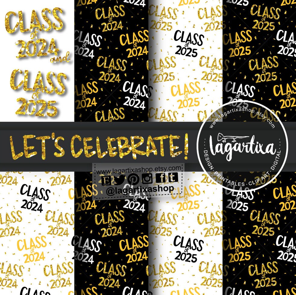 Graduation Class of 2024 Digital Paper Black Gold Glitter Graduation ...