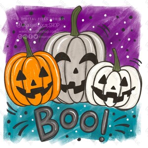 Puede incluir: Tres calabazas de jack-o'-lantern con caras de diferentes colores. Las calabazas están sobre un fondo morado con lunares blancos y negros. El texto "BOO!" está escrito en negro sobre un fondo turquesa.