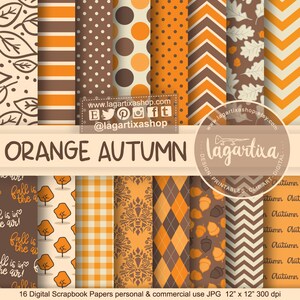 Peut inclure: 16 papiers numériques pour scrapbooking en orange et marron avec différents motifs sur le thème de l'automne, notamment des feuilles, des rayures, des pois, des chevrons et des glands. Les papiers mesurent 30,5 cm x 30,5 cm et 300 dpi.