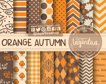 Orange Autumn Digital Paper Fall Patterns Colors Brown Beige Leaves picnic damask acorn chevron damask scrapbooking thanksgiving patterns