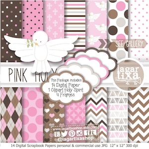 Bautizo Niña, Espiritu Santo, Rosa, Café, Chocolate, Beige, Chevron, Bolas, Polka dots, Cruces, Marcos para Invitaciones, Fondos Digitales