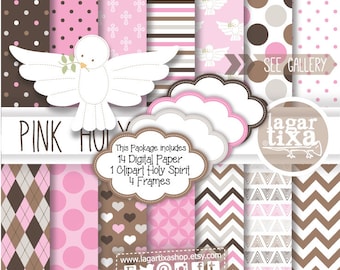 May include: A set of 14 digital scrapbook papers in pink and brown with various patterns, including polka dots, stripes, hearts, and crosses. The set also includes a clipart image of a white dove with an olive branch and 4 frames. The text "PINK HOLY" and "SEE GALLERY" are visible in the image. The text "This Package includes 14 Digital Paper 1 Clipart Holy Spirit 4 Frames" is also visible in the image. The text "www.lagartixashop.etsy.com" and "@lagartixashop" are also visible in the image. The text "14 Digital Scrapbook Papers personal & commercial use JPG 12" x 12" 300 dpi" is also visible in the image.