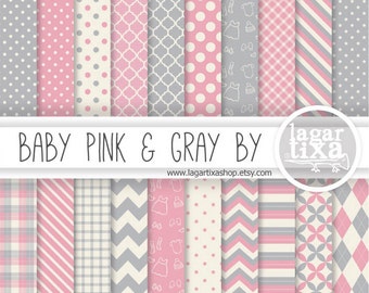 Pale Pink and Grey Gray Digital Paper Scrapbooking for baby shower invitations backgrounds patterns it's a girl