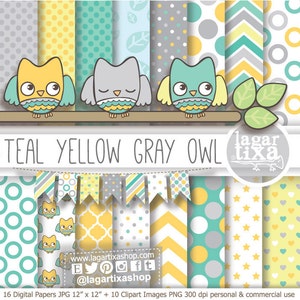 Gufo carta digitale sfondi immagini gufi Clipart png per Baby Shower Bambino verde acqua turchese menta giallo verde grigio banner bandiere