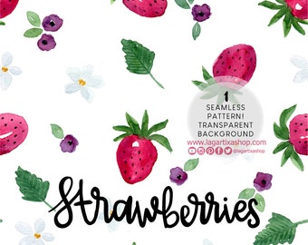 Strawberry Floral Seamless Pattern watercolor hand painted design Summer Digital Art Download Files Leaves for print on fabric cards planner
