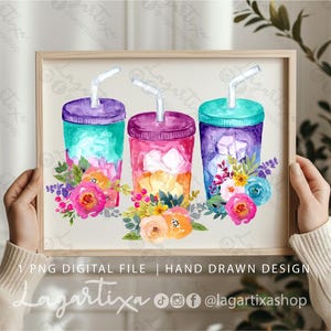 May include: Watercolor painting of three colorful iced drinks with straws and flowers. The drinks are in purple, blue, and pink cups with a white background.