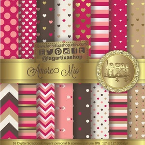 Sfondi di carta digitale San Valentino 14 febbraio cuori dorati ORO chevron rosa fucsia bianco beige inviti in lamina d'oro di Lagartixa