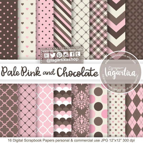 Pale Pink and Brown Digital Paper Chocolate Damask stripes, chevron, small large dots, lace, stars, hearts, argyle, for scrapbooking designs