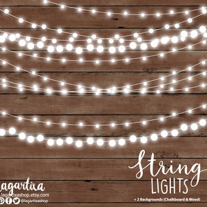 May include: White string lights hanging on a brown wood background. The text "String Lights" is written in white cursive font. The text "+ 2 Backgrounds (Chalkboard & Wood)" is written in white font below the cursive text.