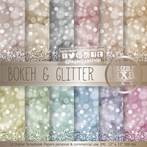 Può includere: Dodici carte digitali per scrapbooking con tema bokeh e glitter. Le carte sono in varie tonalità di oro, argento, verde, blu e rosa. Ogni carta misura 30,5 cm per 30,5 cm e 300 dpi.